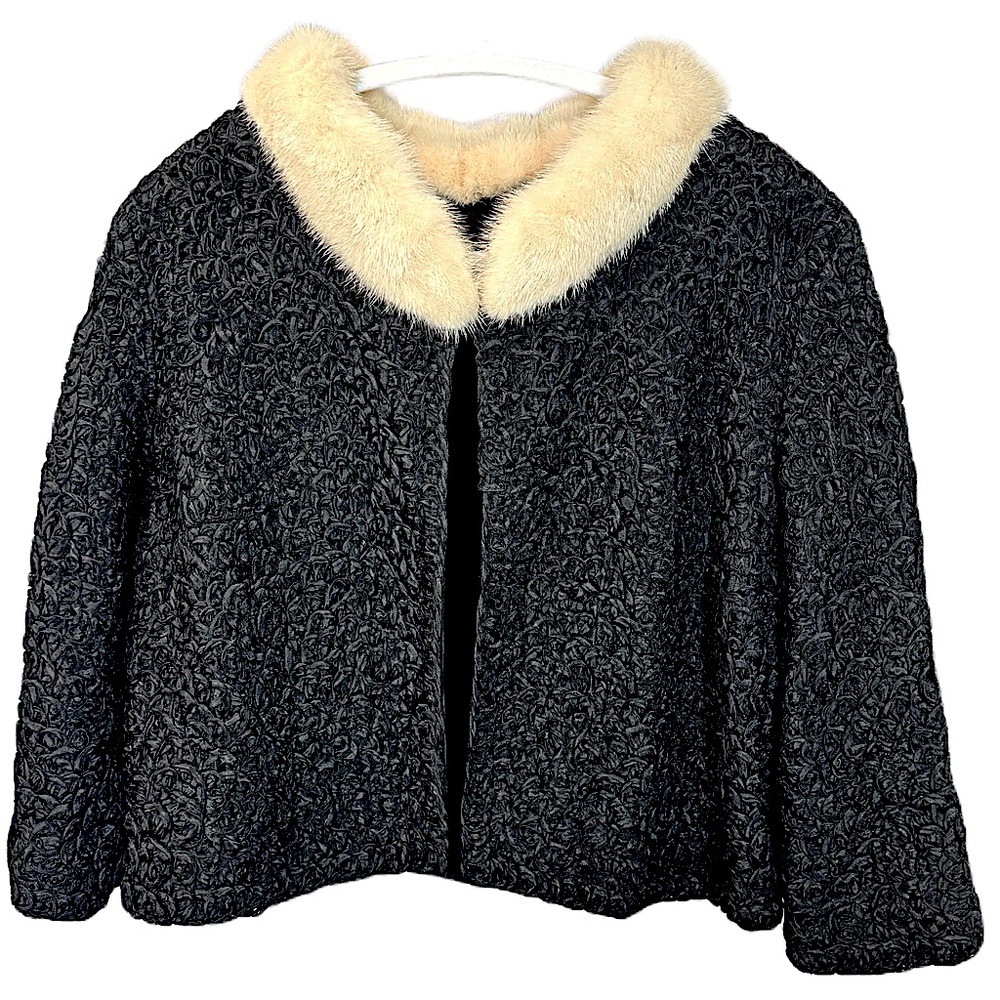 Vintage Silk Soutache and Fur Wrap Shrug Cape Jacket 3/4 Sleeve Black Size OS